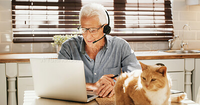 Buy stock photo Man, headset and reading on laptop at house of customer service, online advice and help client. Mature person, freelancer and consultation on PC with cat, FAQ and CRM assistance of technical solution