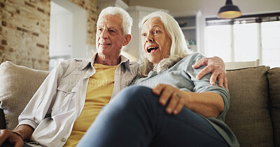 Buy stock photo Senior couple, hug and watching tv with surprise on sofa for horror movie, bonding or scary series. Happy, elderly people and relax in house with thriller show, weekend break and retirement support