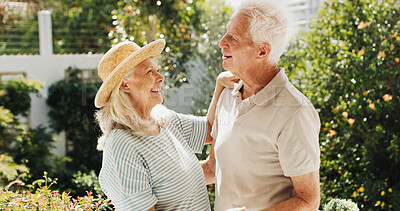 Buy stock photo Love, senior couple and hug in home garden with retirement support, bonding together or relax. Care, elderly people and affection outdoor with connection, healthy relationship and marriage commitment