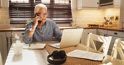 Buy stock photo Senior man, budget and laptop with phone call in home for bills inquiry, finance advice or question. Pensioner, old person or talking to financial agent with tech for insurance guidance or discussion