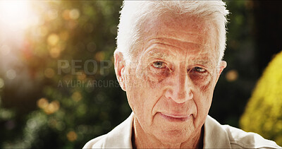 Buy stock photo Senior man, portrait and retirement with nature for wisdom or knowledge in backyard garden. Face, elderly or male person with wrinkles or lens flare for old age, pension or outdoor morning in park