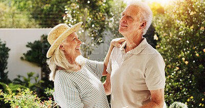 Buy stock photo Love, senior couple and happy in home garden with retirement support, bonding together or security. Romance, elderly people and affection outdoor with connection, healthy relationship and commitment