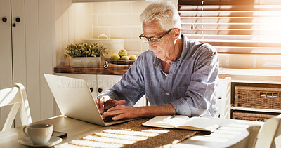 Buy stock photo Home, senior man and typing on laptop for retirement fund research, life insurance app and planning. Pensioner, elderly person and tech in house for loan application, online policy and writing email