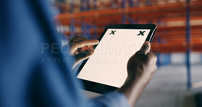 Buy stock photo Hands, logistics and man in warehouse, tablet screen and mockup space with shipping report. Closeup, person and employee in factory, tech or distribution with email for delivery, app or inventory