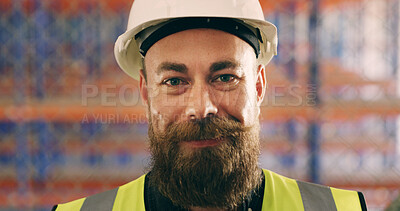 Buy stock photo Portrait, logistics and man in warehouse, helmet and engineering with supply chain. Person, hard hat and employee in factory, safety and quality control with pride, import business and inspection