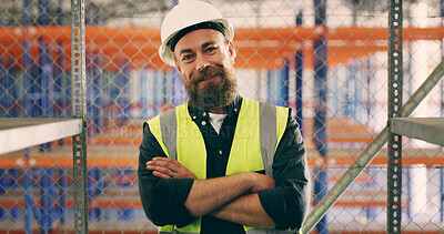 Buy stock photo Man, arms crossed and smile at warehouse, shelves and pride for career, logistics and industry at plant. Person, happy and portrait at storage management, distribution and supply chain in USA