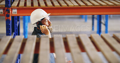 Buy stock photo Man, phone call and logistics at warehouse, shelf or inspection with negotiation at storage plant. Mature person, smartphone and listen with helmet, contact and discussion for supply chain management