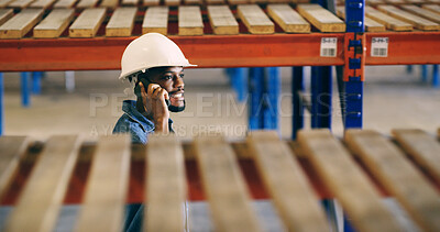 Buy stock photo Black man, phone call and logistics at warehouse, shelf and inspection with smile at storage plant. African person, happy and smartphone with helmet, contact or discussion for supply chain management