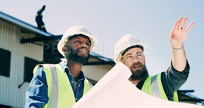 Buy stock photo Construction, team and men on worksite with blueprints, consultation and guidance for quality control. Discussion, collaboration and engineer on site with PPE, plan and mentor in project inspection.