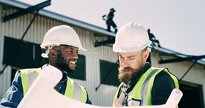 Buy stock photo Men, engineer and blueprint with discussion at construction site for review, team or smile for progress. People, planning and architect for advice, floor plan or low angle for real estate development