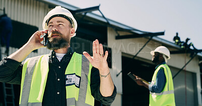 Buy stock photo Construction, business or man on site with phone call, building failure or project delay. Communication, contractor or person in contact with engineer, safety issues or property development feedback