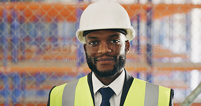 Buy stock photo Portrait, supply chain and black man in warehouse, helmet and engineering with inspection. Person, hard hat and employee in factory, safety or quality control with pride, import business or logistics