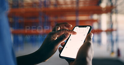 Buy stock photo Hands, logistics and man in warehouse, phone screen or mockup space with delivery report. Closeup, cellphone or person in factory, tech or distribution with email for inspection, app or inventory