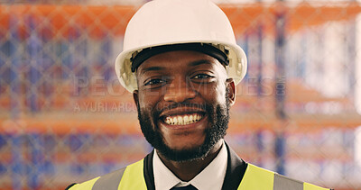Buy stock photo Black man, engineer and smile in portrait at construction site with pride, helmet or real estate development. Person, architect and happy for building project, career or property expansion in Kenya