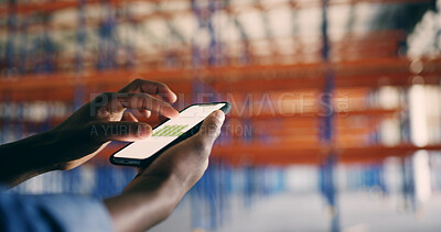 Buy stock photo Hands, logistics or man in warehouse, smartphone or connection with graphs for backlog. Closeup, person or employee with cellphone, app and distribution with email and charts for export inventory
