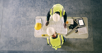 Buy stock photo Above, architecture or people in meeting for collaboration, building design and floor plan. Engineer team, tablet or blueprint in office for renovation, urban development or construction with space
