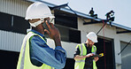 Man, engineer and phone call with discussion at construction site, inspection and advice for property. Person, smartphone and architect with contact, talk and insight for real estate development