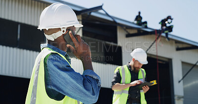 Buy stock photo Man, engineer and phone call with discussion at construction site, inspection and advice for property. Person, smartphone and architect with contact, talk and insight for real estate development
