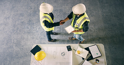 Buy stock photo Business people, handshake or architect with tablet screen above for construction deal or agreement. Top view, contractor or builder shaking hands with documents, blueprint or mockup for startup