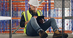 Checklist, storage and tablet with construction worker man in warehouse for research or update. App, planning and safety with person on floor for maintenance, management or manufacturing of depot