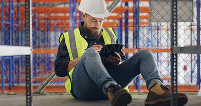 Buy stock photo Checklist, storage and tablet with construction worker man in warehouse for research or update. App, planning and safety with person on floor for maintenance, management or manufacturing of depot