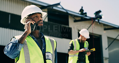 Buy stock photo Phone call, architect and man by warehouse for maintenance, talk and building. Mobile, construction and conversation for communication, industrial engineering and depot development at site outdoor