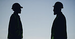 People, silhouette and team for construction outdoor for planning, architecture and urban project. Men, meeting and collaboration for infrastructure, inspection and safety for property development
