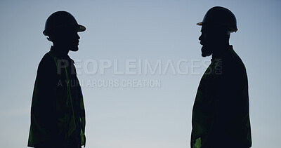 Buy stock photo People, silhouette and team for construction outdoor for planning, architecture and urban project. Men, meeting and collaboration for infrastructure, inspection and safety for property development