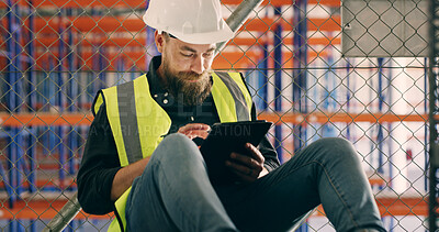 Buy stock photo Inspection, storage and tablet with construction worker man in warehouse for research or update. App, checklist and planning with person on floor for maintenance, management or manufacturing of depot
