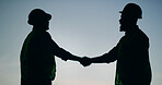 Construction silhouette, team or engineer with handshake for welcome, b2b or building collaboration. Site workers, men and shaking hands on mockup space for contract agreement and project partnership
