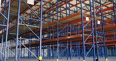 Buy stock photo Empty, warehouse or pallet racks in logistics for storage system, supply chain or shipping industry. Distribution, low angle and industrial shelving units in factory for freight storehouse or export