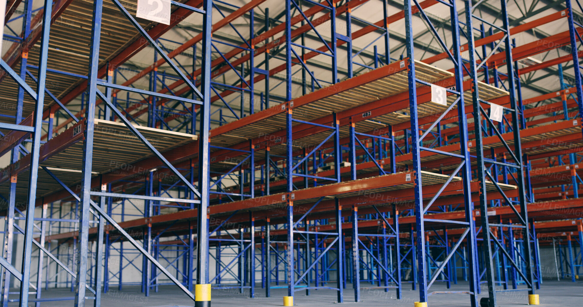Buy stock photo Empty, warehouse or pallet racks in logistics for storage system, supply chain or shipping industry. Distribution, low angle and industrial shelving units in factory for freight storehouse or export