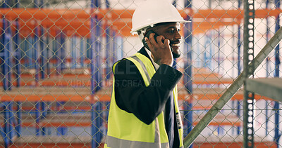 Buy stock photo Black man, phone call and contact at storage plant, inspection and report by shelf at warehouse. African person, smartphone and feedback with smile, discussion or review for supply chain management