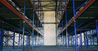 Buy stock photo Empty, factory or storage racks in logistics with shelving system, cargo export and shipping industry. Distribution, below and pallet structure in warehouse for supply chain and inventory management