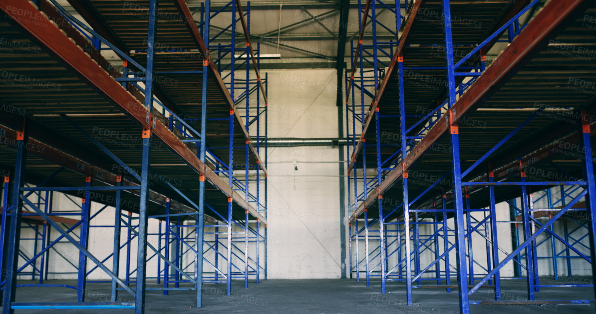 Buy stock photo Empty, factory or storage racks in logistics with shelving system, cargo export and shipping industry. Distribution, below and pallet structure in warehouse for supply chain and inventory management