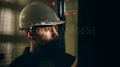 Buy stock photo Man, technician and check machine in server room for inspection, electric maintenance and diagnostics. Male person, hardhat and database to repair cables, monitor system and troubleshooting of safety