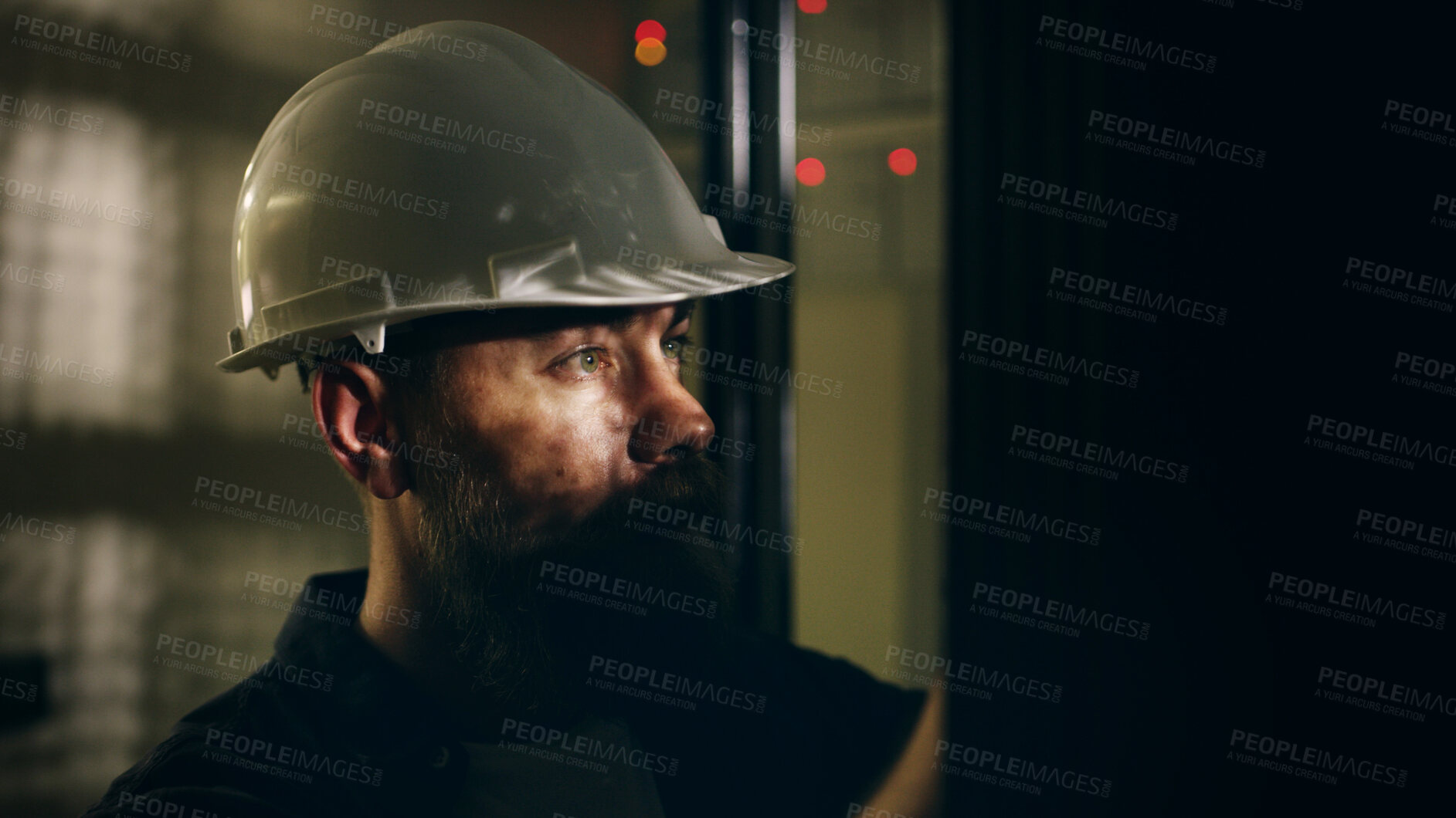 Buy stock photo Man, technician and check machine in server room for inspection, electric maintenance and diagnostics. Male person, hardhat and database to repair cables, monitor system and troubleshooting of safety