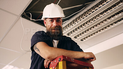 Buy stock photo Electrician, man and portrait with light wires for construction, remodeling project or renovation. Handyman, contractor repair and maintenance for electric fixture, circuit or installation for office