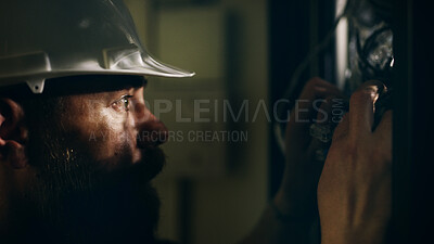 Buy stock photo Man, technician and check wires in server room for inspection, electric maintenance and diagnostics. Male person, hardhat and database to repair cables, monitor system and circuit board for hardware