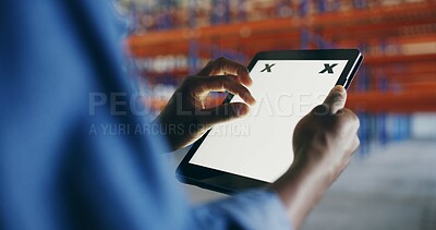 Buy stock photo Hands, supply chain and man in warehouse, tablet screen and mockup space with shipping report. Closeup, person or employee in factory, tech or logistics with email for delivery, display and interface