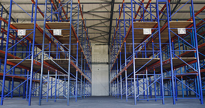 Buy stock photo Empty, factory or pallet racks in logistics with number system, cargo export and shipping industry. Distribution, low angle and storage shelves for supply chain, industrial storehouse or organization