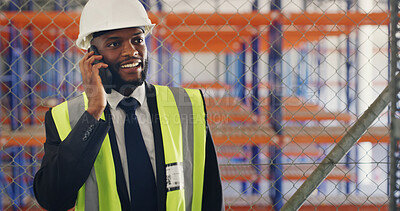 Buy stock photo Black man, engineer and happy for phone call, construction site or real estate development. Person, contractor and smartphone with smile at property management, contact or report at building in Kenya