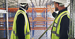 Collaboration, conversation and storage with construction worker men in warehouse for inspection. Engineering, management and security with developer team in depot for maintenance or planning