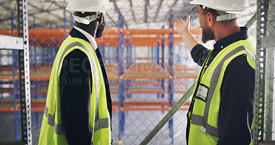 Buy stock photo Collaboration, conversation and storage with construction worker men in warehouse for inspection. Engineering, management and security with developer team in depot for maintenance or planning