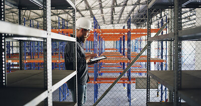 Buy stock photo Man, tablet and supervisor at warehouse for logistics inspection, checklist and inventory management. Male person, digital and export safety of distribution, supply chain and stock control at factory