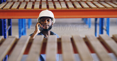 Buy stock photo Black man, phone call and contact at storage warehouse, inspection and report by shelf at plant. African person, smartphone and feedback with helmet, discussion or review for supply chain management