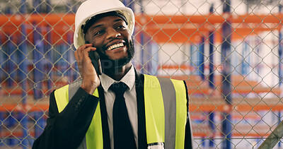 Buy stock photo Black man, contractor and happy for phone call, construction site or deal with real estate. Person, engineer and smartphone with smile at property management, contact or report at building in Nigeria