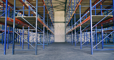 Buy stock photo Empty, warehouse or storage racks in logistics for material handling system, supply chain or shipping. Distribution, low angle and industrial pallet shelves in factory for cargo storehouse or export
