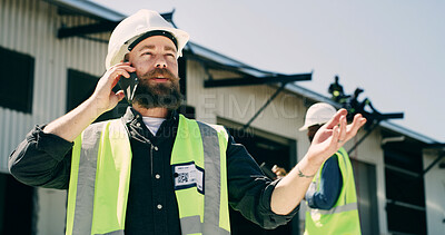 Buy stock photo Phone call, engineer and man at warehouse for shipping, supply chain or logistics. Mobile, supervisor and conversation for export update, inventory or question for industrial distribution