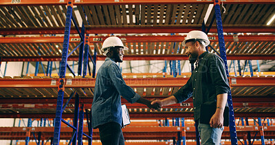 Buy stock photo Smile, logistics worker and men shaking hands in warehouse for storage deal, agreement or welcome. Team, shipping and handshake for industrial collaboration, partnership or supply chain distribution